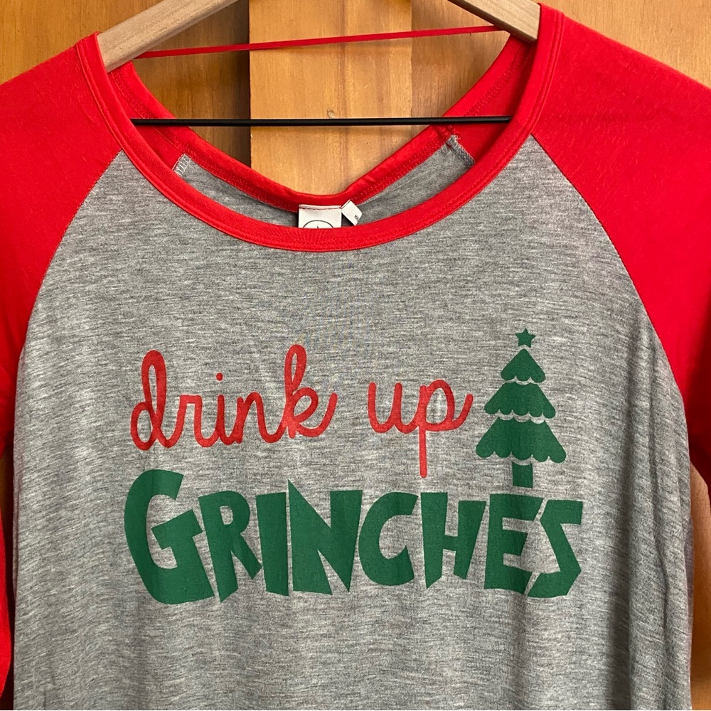 Paper Crane Christmas Tshirt Drink Up Grinches Raglan Tee XSmall